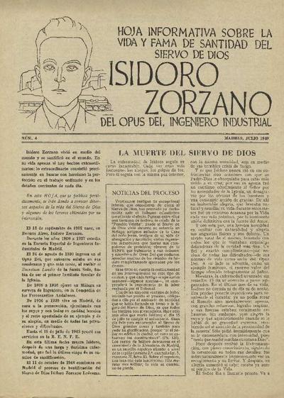 Hoja informativa sobre la vida y fama de santidad del siervo de Dios Isidoro Zorzano, del Opus Dei, ingeniero industrial. Núm. 4. [Folleto]