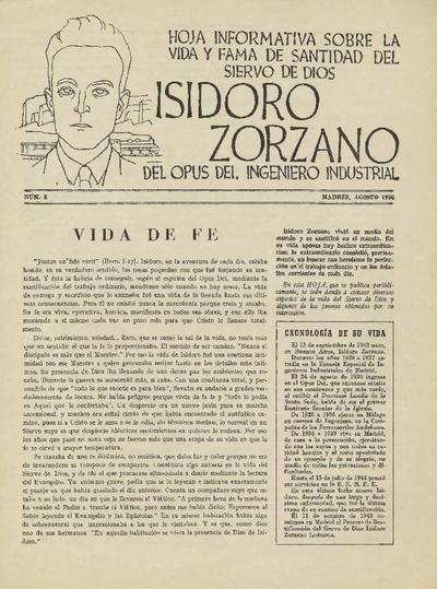 Hoja informativa sobre la vida y fama de santidad del siervo de Dios Isidoro Zorzano, del Opus Dei, ingeniero industrial. Núm. 8. [Brochure]