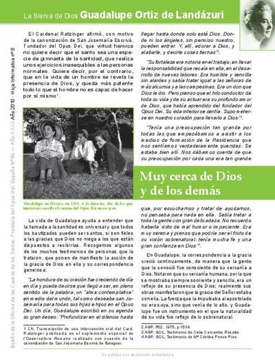 La sierva de Dios Guadalupe Ortiz de Landázuri: hoja informativa. Nº 8. Muy cerca de Dios y de los demás. [Folleto]