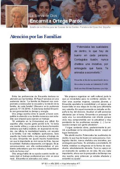 La sierva de Dios Encarnita Ortega Pardo: hoja informativa. Nº 7. Atención por las Familias. [Brochure]