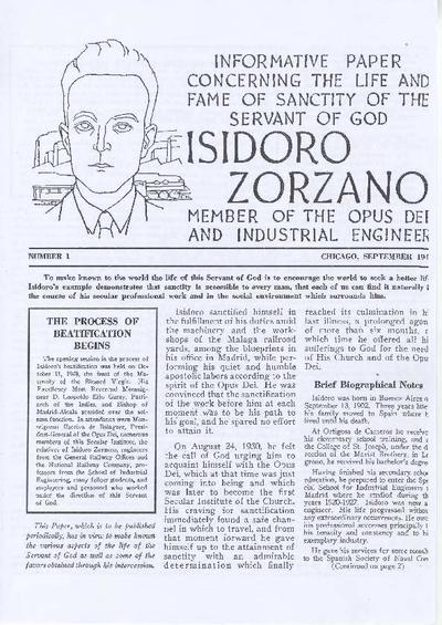 Informative Paper concerning the Life and Fame of Sanctity of the Servant of God Isidoro Zorzano, Member of Opus Dei and Industrial Engineer. No. 1. September 1949. [Brochure]