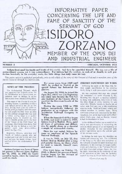 Informative Paper concerning the Life and Fame of Sanctity of the Servant of God Isidoro Zorzano, Member of Opus Dei and Industrial Engineer. No. 3. October 1951. [Brochure]