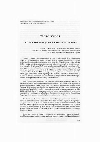 Necrológica del doctor don Javier Lahuerta Vargas. [Artículo de revista]
