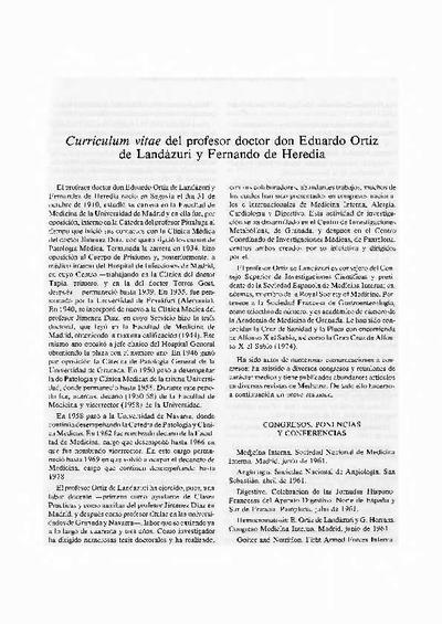 <i>Curriculum vitae</i> del profesor doctor don Eduardo Ortiz de Landázuri y Fernández de Heredia. [Parte de un libro]