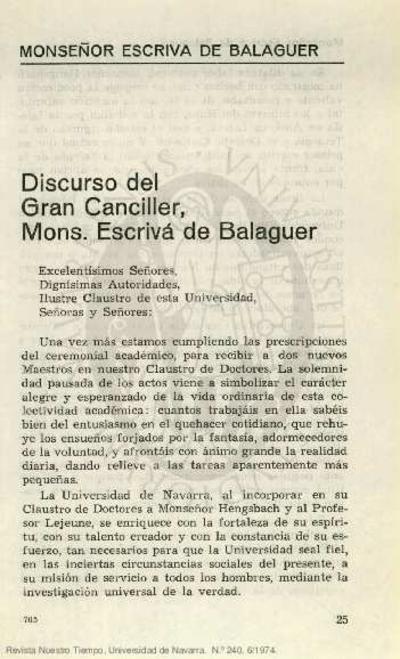 Discurso del Gran Canciller, Mons. Escrivá de Balaguer. [Artículo de revista]