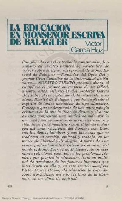 La educación en Monseñor Escrivá de Balaguer. [Journal Article]