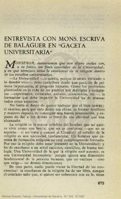 Entrevista con Mons. Escrivá de Balaguer en "Gaceta Universitaria" [Entrevista realizada por Andrés Garrigó]. [Journal Article]