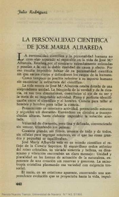 La personalidad científica de José María Albareda. [Artículo de revista]