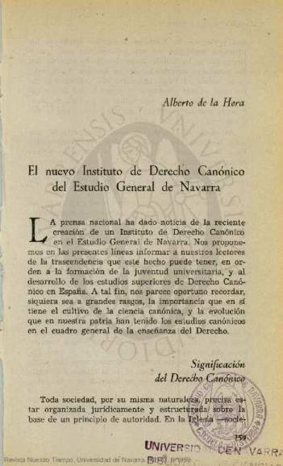 El nuevo Instituto de Derecho Canónico del Estudio General de Navarra. [Journal Article]