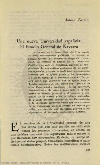 Una nueva Universidad española: El Estudio General de Navarra. [Journal Article]