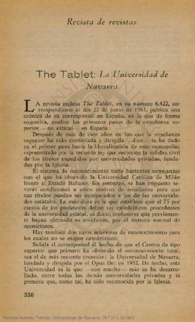The Tablet: La Universidad de Navarra. [Artículo de revista]