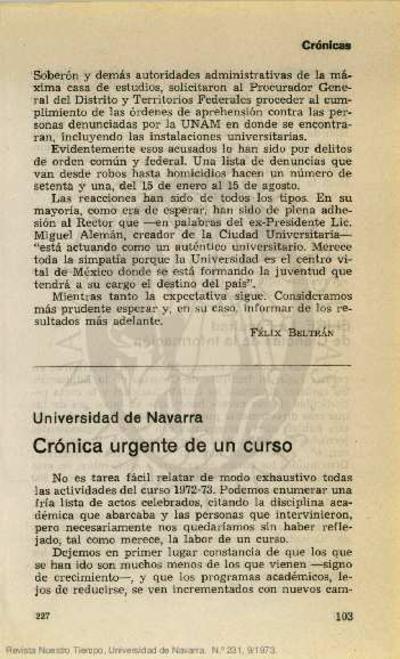 Universidad de Navarra: Crónica urgente de un curso. [Artículo de revista]