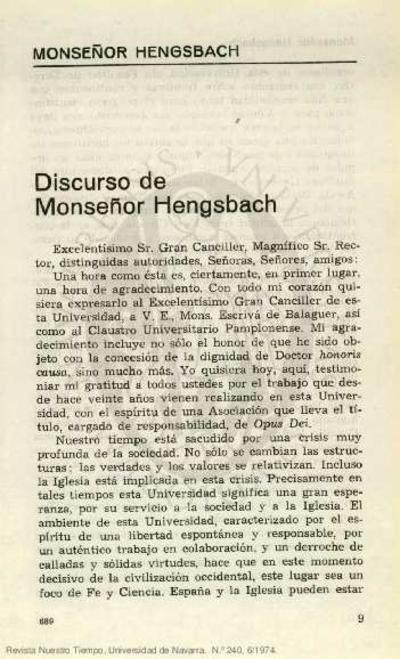 Discurso de Monseñor Hengsbach. [Artículo de revista]