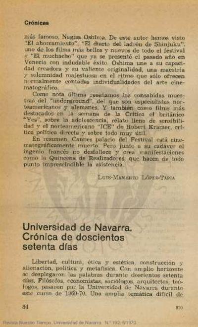 Universidad de Navarra. Crónica de doscientos setenta días. [Artículo de revista]