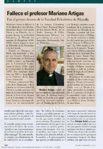 Fallece el profesor Mariano Artigas. [Artículo de revista]