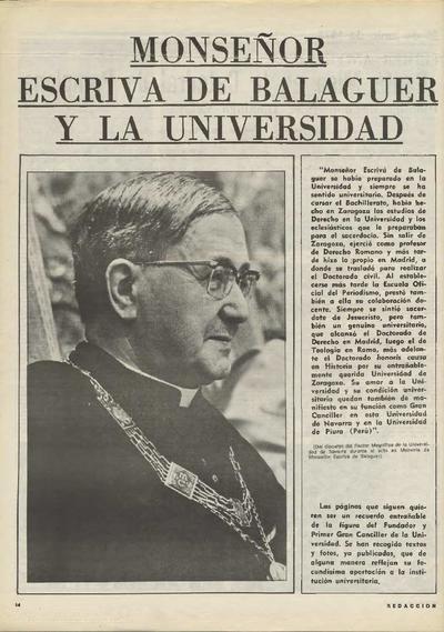 Monseñor Escrivá de Balaguer y la Universidad. [Artículo de periódico]