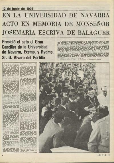 En la Universidad de Navarra, Acto en memoria de Monseñor Josemaría Escrivá de Balaguer. [Newspaper Article]