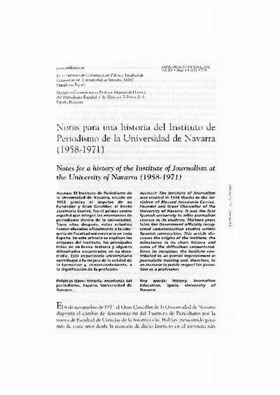 Notas para una historia del Instituto de Periodismo de la Universidad de Navarra (1958-1971). [Artículo de revista]