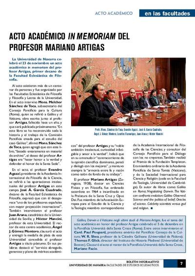 Acto académico <i>in memoriam</i> del profesor Mariano Artigas. [Artículo de revista]