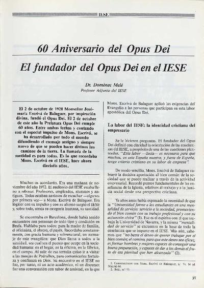 60 Aniversario del Opus Dei. El fundador del Opus Dei en el IESE. [Artículo de revista]