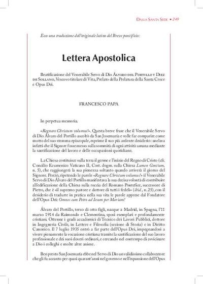 Lettera Apostolica [en la beatificación de Álvaro del Portillo y Diez de Sollano]. [Artículo de revista]