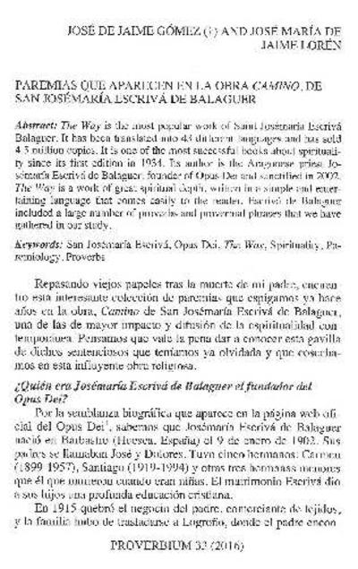 Paremias que aparecen en la obra Camino de san Josemaría Escrivá de Balaguer. [Journal Article]