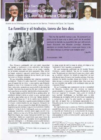 Los siervos de Dios Eduardo Ortiz de Landázuri y Laurita Busca Otaegui: hoja informativa. Nº 1. La familia y el trabajo, tarea de los dos. [Folleto]