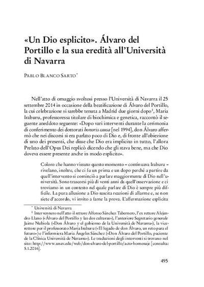 «Un Dio esplicito». Álvaro del Portillo e la sua eredità all’Università di Navarra. [Parte de un libro]