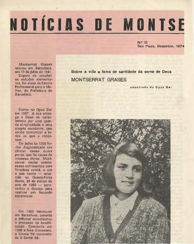 Notícias de Montse sobre a vida e fama de santidade da Serva de Deus Montserrat Grases associada do Opus Dei. Número 10. [Folleto]