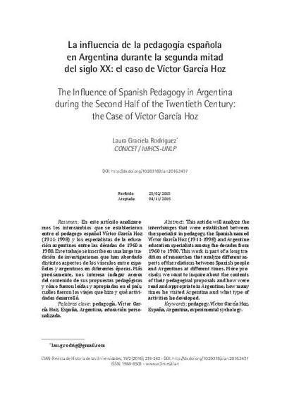 La influencia de la pedagogía española en Argentina durante la segunda mitad del siglo XX: el caso de Víctor García Hoz. [Artículo de revista]