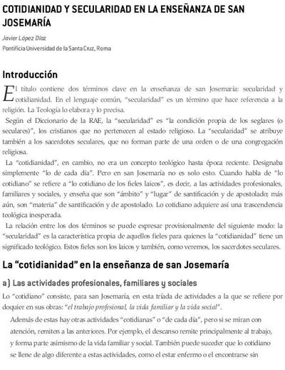 Cotidianidad y secularidad en la enseñanza de san Josemaría. [Parte de un libro electrónico]