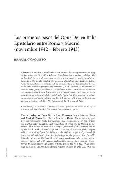 Los primeros pasos del Opus Dei en Italia. Epistolario entre Roma y Madrid (noviembre 1942-febrero 1943). [Journal Article]