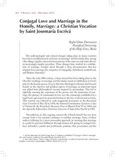 Conjugal Love and Marriage in the Homily, <i>Marriage: a Christian Vocation</i> by Saint Josemaría Escrivá. [Journal Article]