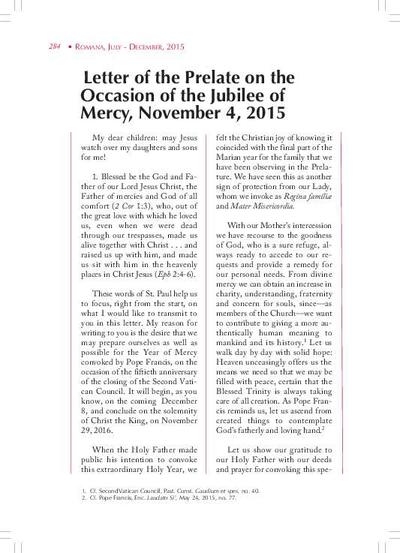 Letter of the Prelate on the Occasion of the Jubilee of Mercy, November 4, 2015. [Journal Article]