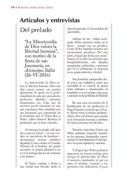 "La misericordia de Dios valora la libertad humana", con motivo de la fiesta de san Josemaría, en «Acistampa», Italia (26-VI-2016). [Artículo de revista]