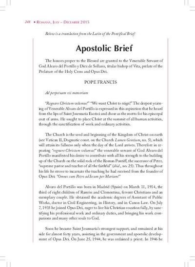 Apostolic Brief [In the beatification of Álvaro del Portillo y Diez de Sollano]. [Artículo de revista]
