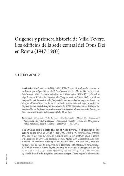 Orígenes y primera historia de Villa Tevere. Los edificios de la sede central del Opus Dei en Roma (1947-1960). [Journal Article]