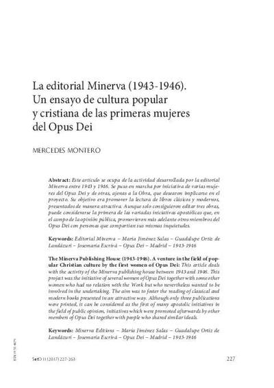 La editorial Minerva (1943-1946). Un ensayo de cultura popular y cristiana de las primeras mujeres del Opus Dei. [Artículo de revista]
