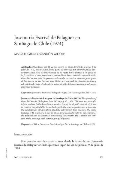 Josemaría Escrivá de Balaguer en Santiago de Chile (1974). [Journal Article]