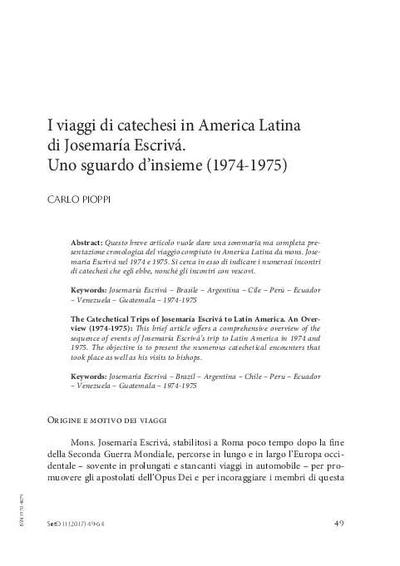I viaggi di catechesi in America Latina di Josemaría Escrivá. Uno sguardo d'insieme (1974-1975). [Artículo de revista]