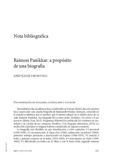 Raimon Panikkar: a propósito de una biografía. [Journal Article]