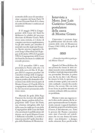 Intervista a Mons. José Luis Gutiérrez Gómez, postulatore della causa di Montse Grases. [Artículo de revista]