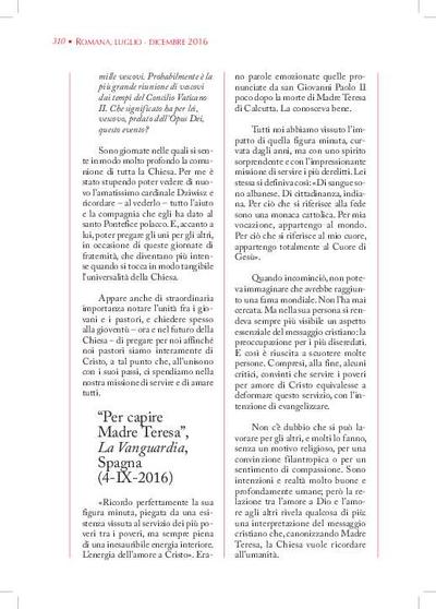 Articolo 'Per capire Madre Teresa', «La Vanguardia», Spagna (4-IX-2016). [Artículo de revista]