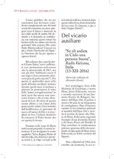 'Se n'è andata in Cielo una persona buona', intervista concessa ad «Radio Vaticana», Italia (13-XII-2016) a cura di Alessandro Gisotti. [Journal Article]