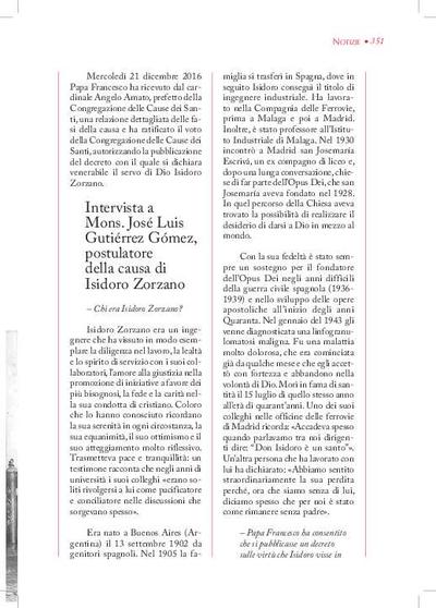 Intervista a Mons. José Luis Gutiérrez Gómez, postulatore della causa di Isidoro Zorzano. [Artículo de revista]