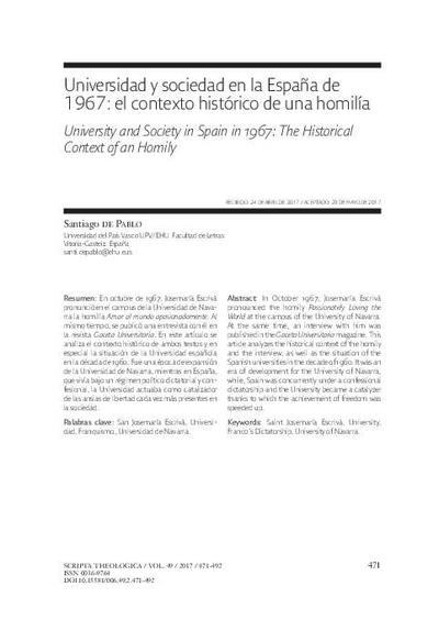 Universidad y sociedad en la España de 1967: el contexto histórico de una homilía. [Artículo de revista]