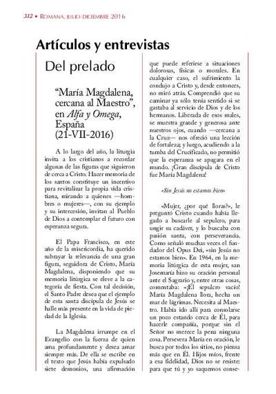Artículo 'María Magdalena, cercana al Maestro', «Alfa y Omega», España (21-VII-2016). [Artículo de revista]