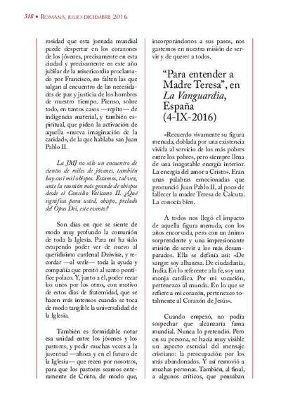 Artículo 'Para entender a Madre Teresa', en «La Vanguardia», España (4-IX-2016). [Artículo de revista]
