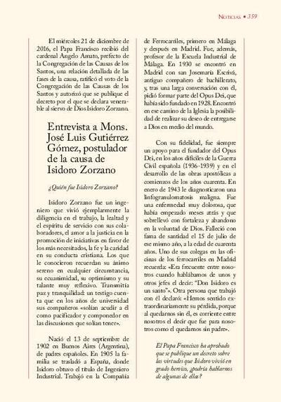 Entrevista a Mons. José Luis Gutiérrez Gómez, postulador de la causa de Isidoro Zorzano. [Journal Article]