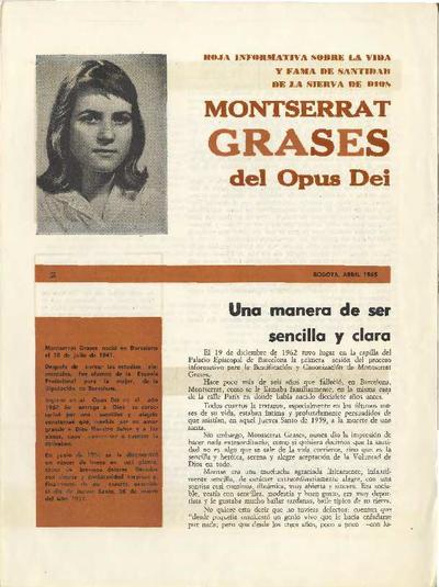 Hoja informativa sobre la vida y fama de santidad de la sierva de Dios Montserrat Grases, del Opus Dei: hoja informativa. Nº 2: Una manera de ser sencilla y clara. [Folleto]